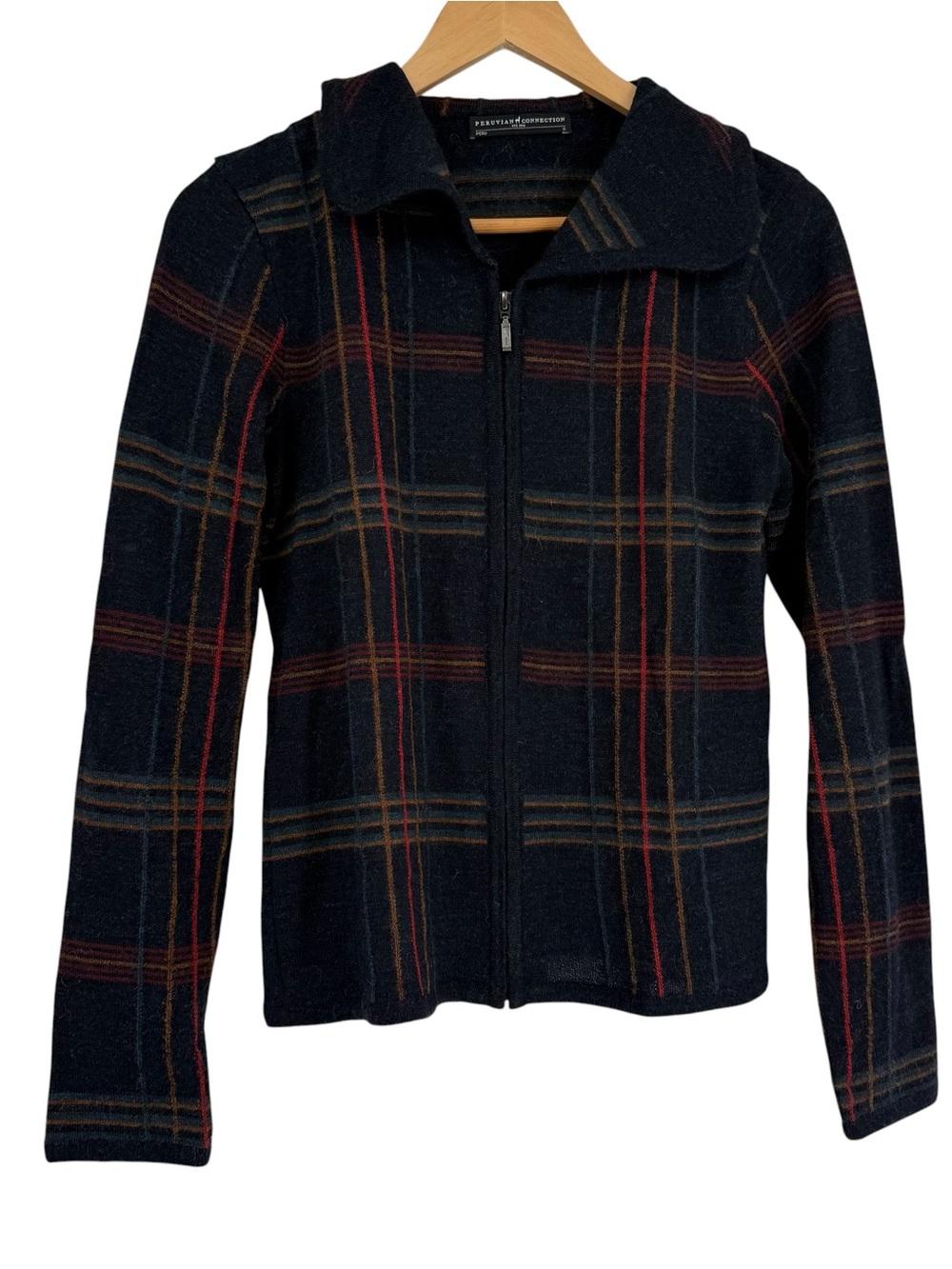 Peruvian Connection Baby Alpaca Wool Plaid Navy Zip Up Cardigan Sweater Size S